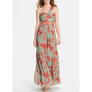 BCBGMAXAZRIA Inga Silk One Shoulder Gown Pleated Chiffon Floral Maxi Dress Sz 6